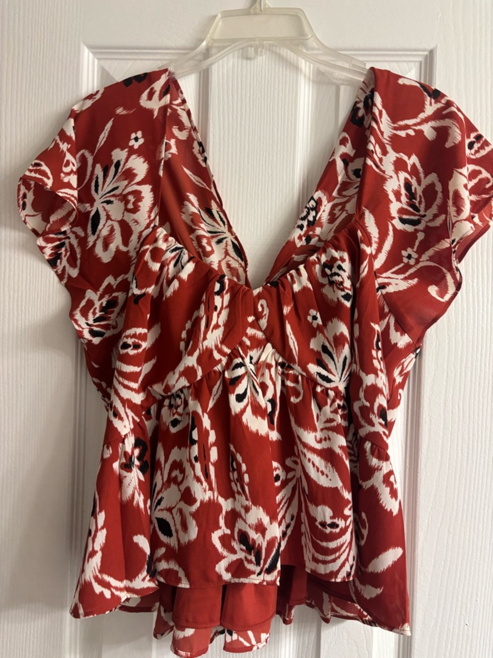 Express Red Floral V-Neck Flutter Sleeve Blouse